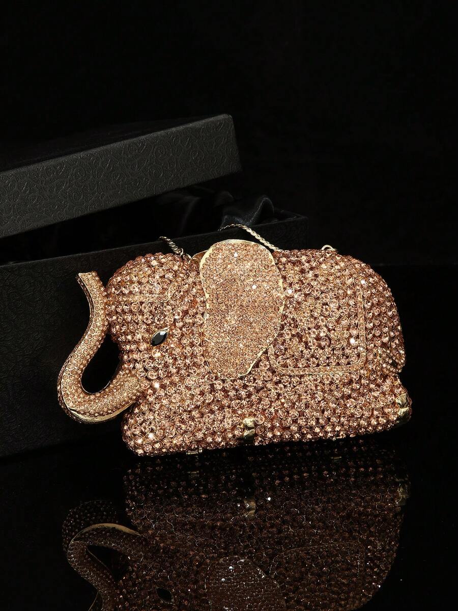 Glittering Evening Bags, Gift, Fashionable & Luxurious, Heavy Duty, Mini Jeweled Rhinestone Sparkling Chain Shoulder Elephant Shaped Unique Dinner Party Bag, Suitable For Party, Wedding, Dance Party - Champagne - View 1