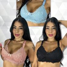 Kit 3 Sutiã Amamentação Sem Bojo Pós Parto Reforçado Todo Renda PRETO+ROMANCE+FROZEN