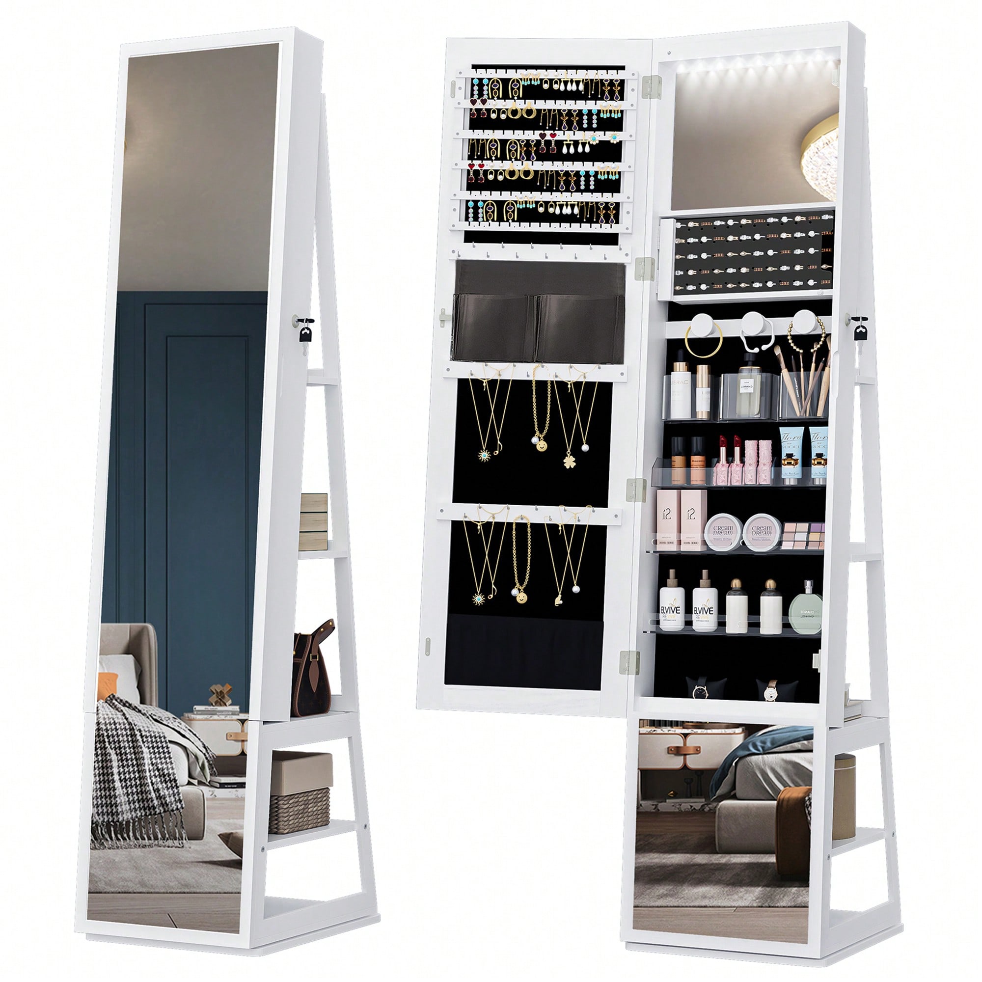 Armoire à bijoux 16 LEDs, 160cm organisateur de bijoux sur pied avec base rotative à 360°, miroir verrouillable sur toute la longueur, blanc