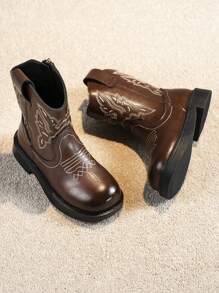 1pair Children Embroidered Leather Rubber Soft-Sole Mid-Calf Boots, Low-Top Flat Heel, Stylish For Spring And Autumn - Brown - View 4