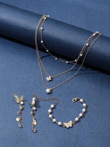 1set Fashionable Golden Zinc Alloy Butterfly & Pearl Multi-layer Necklace, Beaded Bracelet, Earrings Set For Women, Suitable For Party - Yellow Gold - View 2