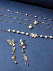1set Fashionable Golden Zinc Alloy Butterfly & Pearl Multi-layer Necklace, Beaded Bracelet, Earrings Set For Women, Suitable For Party - Yellow Gold - View 3