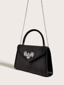 Rhinestone Flower Decorated Ladies' Stylish Evening Bag, New Arrival, High-end Wedding Dinner Bag, Simulated Silk, High-end Formal Dress Bag, Wedding And Banquet Bag - Black - View 6