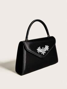 Rhinestone Flower Decorated Ladies' Stylish Evening Bag, New Arrival, High-end Wedding Dinner Bag, Simulated Silk, High-end Formal Dress Bag, Wedding And Banquet Bag - Black - View 3
