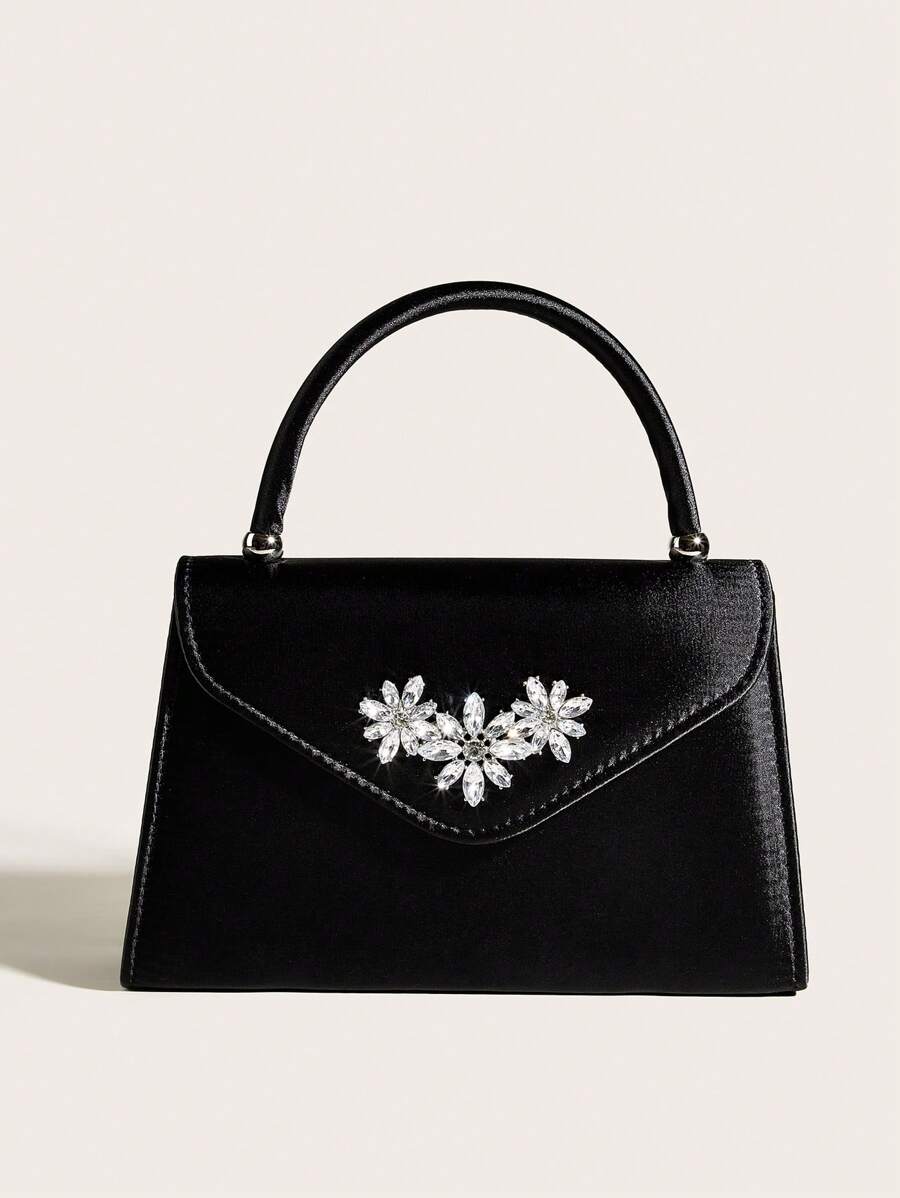 Rhinestone Flower Decorated Ladies' Stylish Evening Bag, New Arrival, High-end Wedding Dinner Bag, Simulated Silk, High-end Formal Dress Bag, Wedding And Banquet Bag