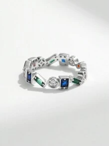 MODIAN Anillo de dedo apilable de diseño asimétrico de plata de ley 925, anillo de fiesta con circonita colorida de moda como regalo de joyería para mujeres - Plateado - Ver 5