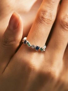 MODIAN Anillo de dedo apilable de diseño asimétrico de plata de ley 925, anillo de fiesta con circonita colorida de moda como regalo de joyería para mujeres - Plateado - Ver 2