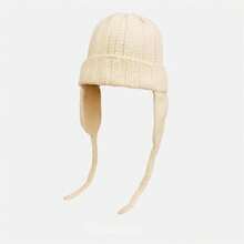 1頂女士時尚復古針織飛行員帽,帶有耳保暖毛圈和粉紅色帶裝飾,適用於冬季