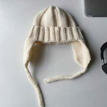 1頂女士時尚復古針織飛行員帽,帶有耳保暖毛圈和粉紅色帶裝飾,適用於冬季