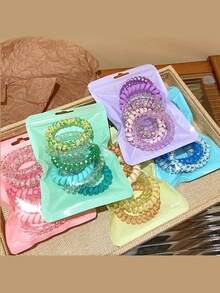 1pack/6pcs Colorful Candy Color Telephone Wire Elastic Hair Ties - Pink - View 3