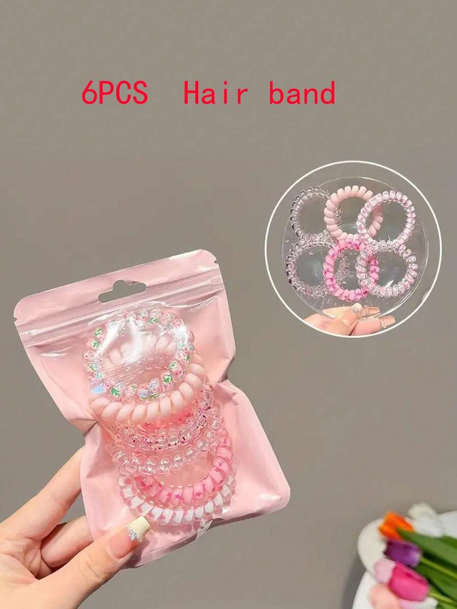 1pack/6pcs Colorful Candy Color Telephone Wire Elastic Hair Ties - Pink - View 1