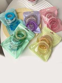 1pack/6pcs Colorful Candy Color Telephone Wire Elastic Hair Ties - Pink - View 2