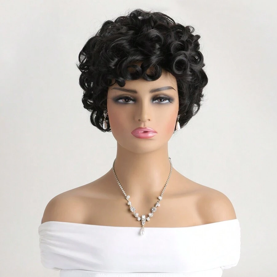 10英寸時尚短卷曲帶劉海發片,自然黑色,適合日常穿著 - 黑色 - 查看 1