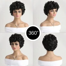 10英寸時尚短卷曲帶劉海發片,自然黑色,適合日常穿著 - 黑色 - 查看 2