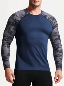 快干男士迷彩運動衫-輕盈透氣長袖緊身t恤,適用於戶外活動、健身、跑步、馬拉松、籃球等。運動男裝 - 藏蓝色 - 查看 6