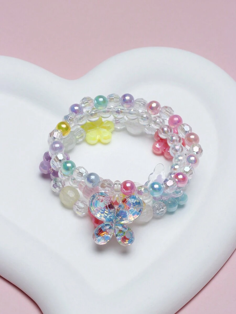3pcs/set Child Beaded Bracelets With Colored Acrylic Beads, Butterfly & Flower Charms Accessories - Multicolor - View 1