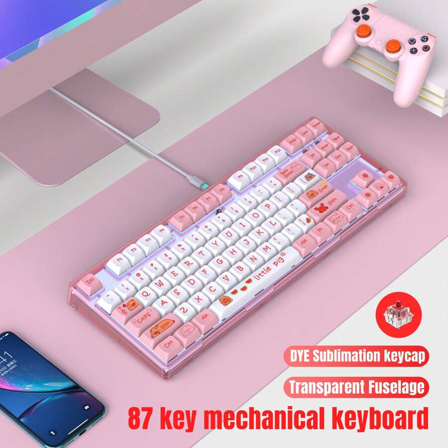 Mechanical Gaming Keyboard,White LED Backlit PBT Custom Dye Sublimation Keycaps Keyboard Pad