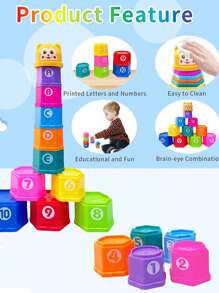 11pcs Stacking Cups Toy, Baby Building Blocks Toy With Numbered Letter Pattern Cartoon Bear, Baby Bath Toy, Children Educational Toy, Christmas Gift [Random Color] - Multicolor - View 3
