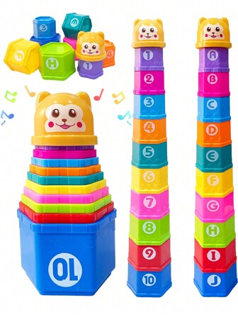 Kids Stacking Toys Baby Building Toy, Stacking Cups Pack Of 11 Stacking Tower With Numbers Letter Pattern Cartoon Bear Baby Bath Toy, Educational Toys For Children Christmas Gifts2[ Colors Are Shipped Randomly]School, Student,Stationery,School Supplies
