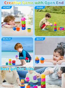 11pcs Stacking Cups Toy, Baby Building Blocks Toy With Numbered Letter Pattern Cartoon Bear, Baby Bath Toy, Children Educational Toy, Christmas Gift [Random Color] - Multicolor - View 4