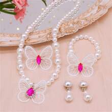 兒童珠寶假珍珠頸鍊手鍊套裝蝴蝶項鍊女童假珍珠頸鍊舞蹈演出首飾禮物 - 玫紅色 - 查看 5