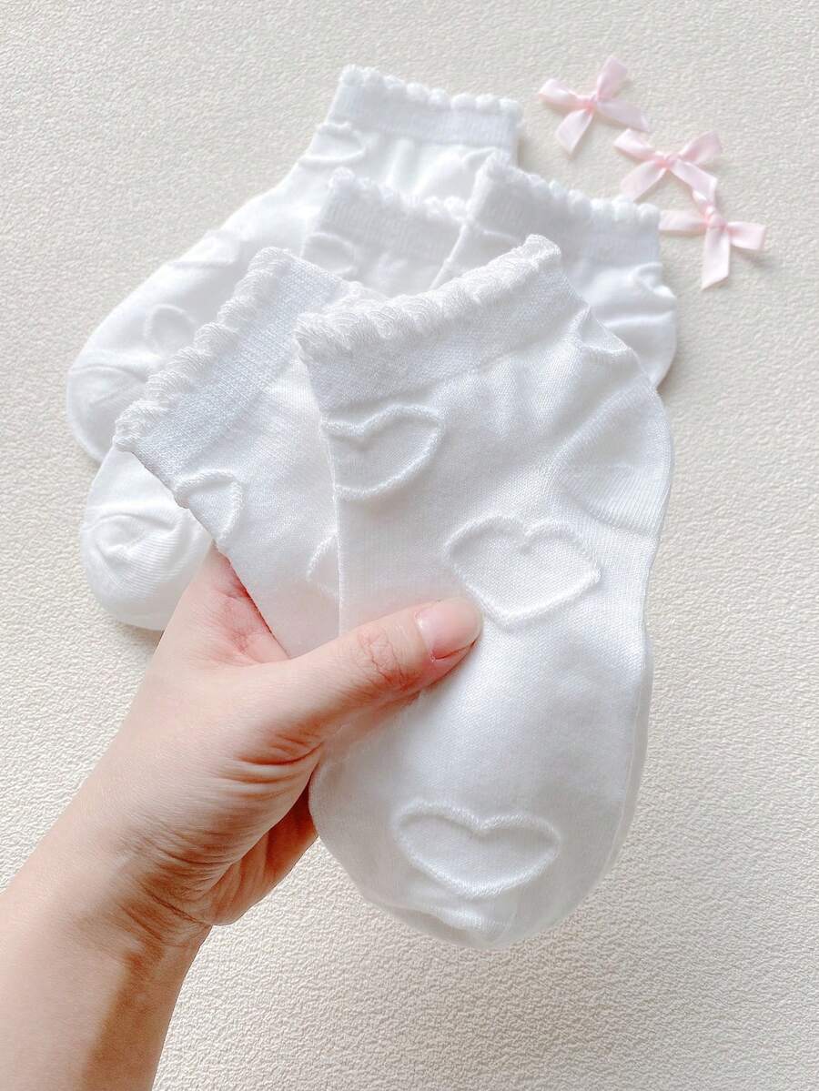 5 雙可愛女款心型襪子套裝,船襪,白色短襪,愛心印花緊身褲,運動襪,泡泡嘴短襪,荷葉邊襪,學生襪,適合日常/家居服/約會/派對