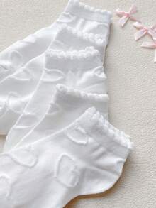 5 雙可愛女款心型襪子套裝,船襪,白色短襪,愛心印花緊身褲,運動襪,泡泡嘴短襪,荷葉邊襪,學生襪,適合日常/家居服/約會/派對