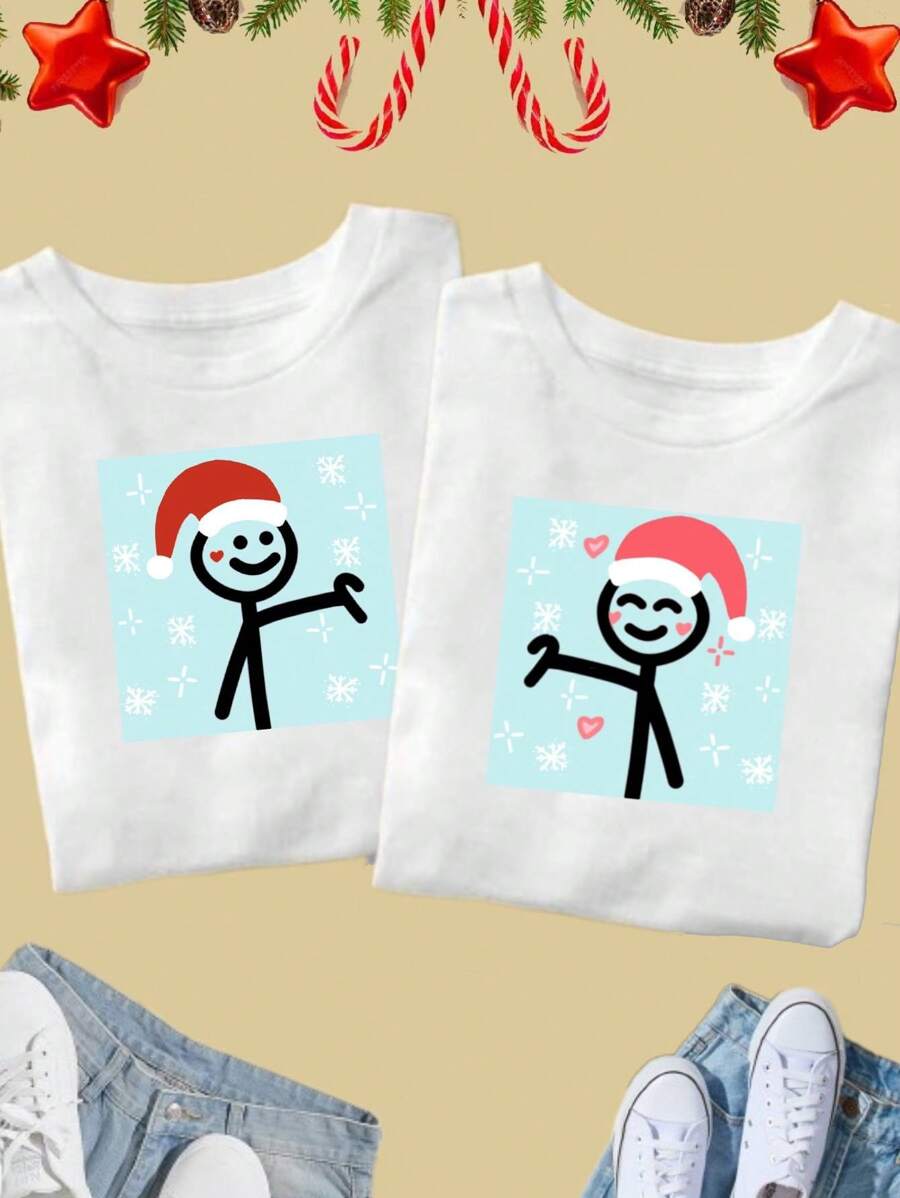 Playeras para parejas. Playeras couple outfit, DOS piezas, outfit Navidad, amor, Dibujo palitos, Christmas - Blanco - Ver 1