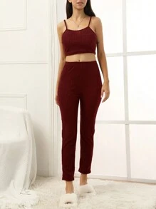 Mass Rib紋紋路運動服,實色款式,適用於家居、秋冬季節 - 酒紅色 - 查看 3