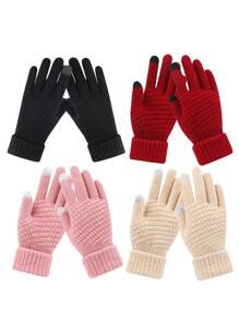 4 雙女式冬季觸控手套,透氣羊毛襯裡針織手套,帶彈性袖口,溫暖且方便發短信