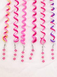 6pcs/set Random Color Children Girls' Diy Braiding Tool With Beads And Colorful Elastic Hair Ties For Daily Hair Styling - Watermelon Pink - View 5