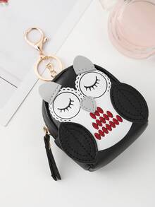 黑色可愛貓頭鷹包鑰匙包迷你書包卡片套鑰匙扣掛飾女士錢包PU皮幣包包鑰匙鏈禮物錢包鑰匙鏈 - 黑色 - 查看 2