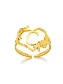 1pc Fashionable Gold Stainless Steel Flower Shaped Open Ring With Letter, Heart For Ladies, Wedding, Jewelry, Valentine'S Day Gift - Gold - View 35