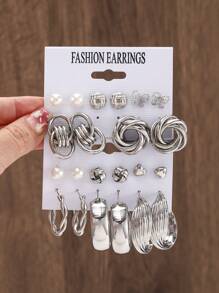 11pairs Heart & Faux Pearl Decor Earrings