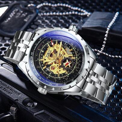 JARAGAR 1pc Men's Silver Automatic Mechanical Wristwatch With Hollow Design, Luminous Hands, Top Brand Stainless Steel Strap For Business, Casual, Style, Personalized Fashion Watch Gift