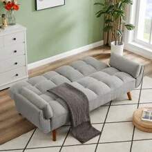 Sofa Bed with Wood Base, Modern Convertible Futon Sleeper Couch Daybed with Adjustable Backrest for Studio, Apartment, Office, Small Space, Compact Living Room Recliners - Grey - View 2