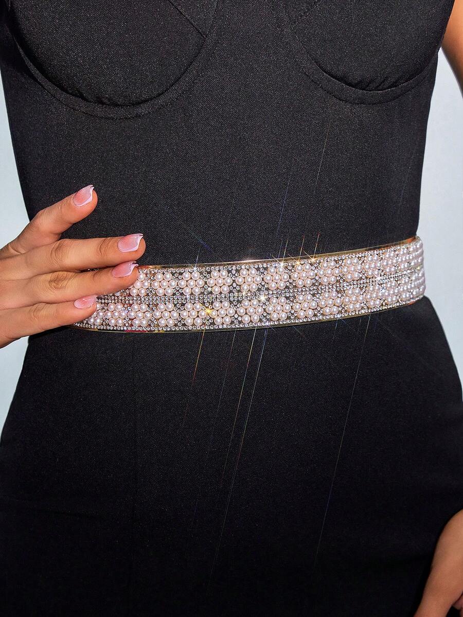 一套女士珍珠裝飾金色束腰優雅風4cm鐵片腰環日常穿戴連身裙配飾