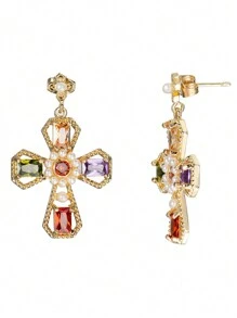 Pair Of Fashionable Gorgeous Cross Flowers Colorful Pearl Women's Copper Earrings - Multicolor - View 3