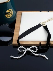 1 Miếng Thanh lịch Nhung Bowknot Trân châu Dây chuyền Đối với Cô gái tuổi teen , Phong cách Hàn Quốc Đơn giản Toàn trận Xương quai xanh Chuỗi - trắng - Xem 7