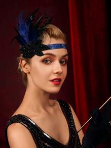 1920年代弗拉珀頭箍孔雀羽毛頭飾,為女性提供的蓋茲比風格配件,鑲有亮片的秀女頭飾 - 彩色 - 查看 4