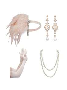 4 件 1920 年代時尚配件蓋茲比服裝配件套裝女式 20 年代頭飾珍珠項鍊手套