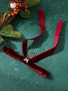 1pc Christmas Party Rhinestone Velvet Butterfly Ribbon Bow Hair Clip For Women - Burgundy - View 2