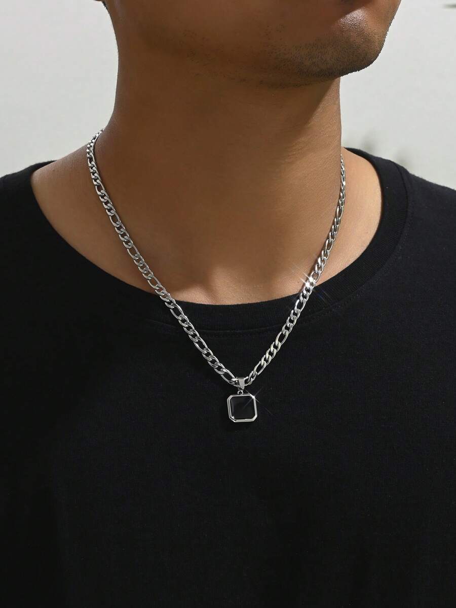 1條休閒黑色方形吊墜男士項鍊,適合日常穿著和工作服裝 - 銀色 - 查看 1