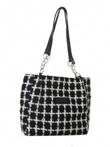 Women's Plaid Patchwork Shoulder Bag For Daily Commute In Spring And Summer - Black and White - View 6