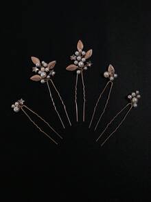 1 Set Gold Leaf Five-Star Crystal Faux Pearl Multi-Combination Wearable Minimalist Bridal Hair Pin Headpiece, Suitable For Wedding, Daily, Party - Gold - View 2