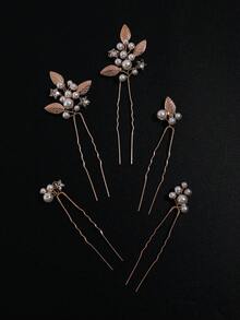 1 Set Gold Leaf Five-Star Crystal Faux Pearl Multi-Combination Wearable Minimalist Bridal Hair Pin Headpiece, Suitable For Wedding, Daily, Party - Gold - View 3