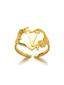 1pc Fashionable Gold Stainless Steel Flower Shaped Open Ring With Letter, Heart For Ladies, Wedding, Jewelry, Valentine'S Day Gift - Gold - View 28