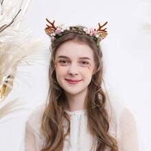 1 件可爱森系仿真花浆果鹿角设计头带，适合女孩、圣诞节/派对/林地主题拍摄配饰