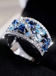 1pc Blue Crystal Waterdrop Stone Ring, Simulated Sapphire Engagement Ring, Gift For Daughter, Mom, Or Other Relatives - Silver - View 2