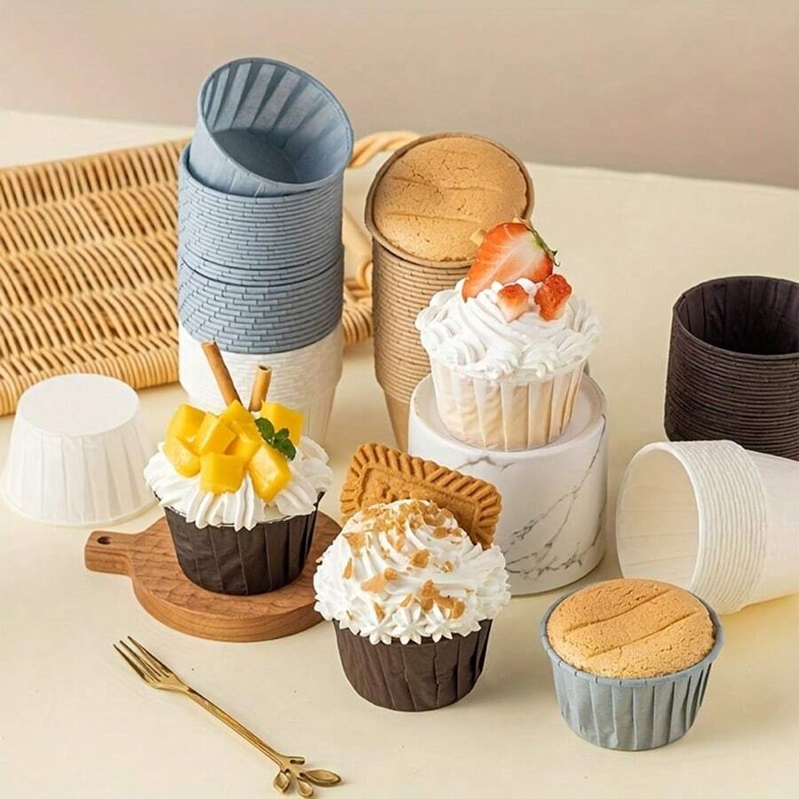 50pcs Muffin Cupcake Paper Liners With Oil-Proof PaperTray And Rolled Aluminum Edges - Beige - View 1